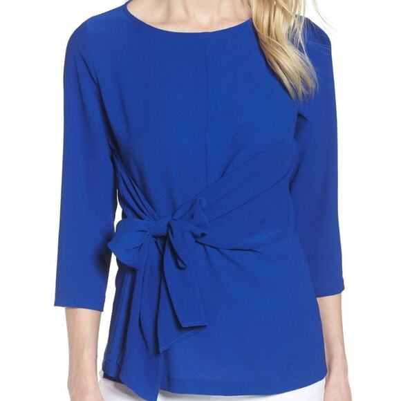 GIBSON Blue Tie Front Crepe Top XS Blouse Career NWOT Crepe Vibrant Office - Picture 1 of 6